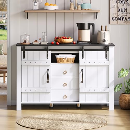Landhausstil Sideboard Kommode mit 2 Schiebetüren und 3 Schubladen, Küchenschrank Aufbewahrungsschrank Buffetschrank Küchenbuffet Mit Offene Staufächer für Küchen, Wohnzimmer, 120×40×80cm, Weiß Landhausstil Sideboard Kommode mit 2 Schiebetüren und 3 Schubladen, Küchenschrank Aufbewahrungsschrank Buffetschrank Küchenbuffet Mit Offene Staufächer für Küchen, Wohnzimmer, 120×40×80cm, Weiß von HAINEW