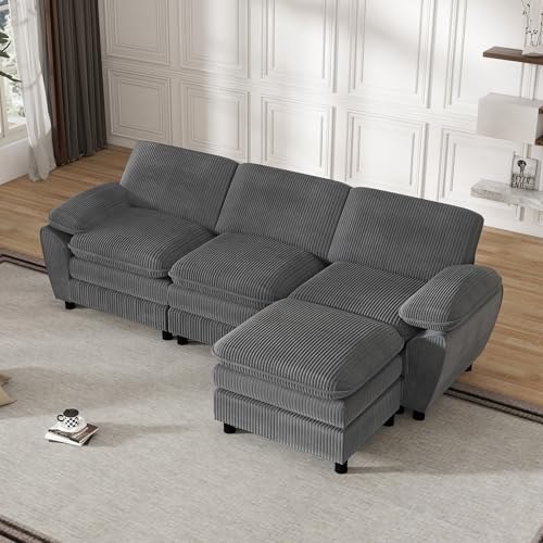 Modern Ecksofa Eckcouch Mit Abnehmbare Hocker, 3-Sitzer L-förmiges Sofa Couch mit Kissen und Armlehnen für Wohnzimme Wohnung Büro (Dunkelgrau) von HAINEW