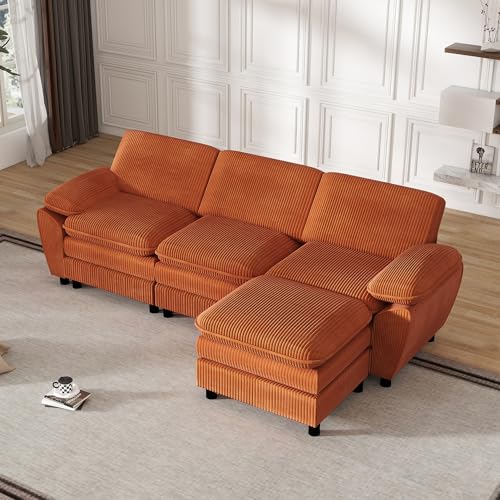 Modern Ecksofa Eckcouch Mit Abnehmbare Hocker, 3-Sitzer L-förmiges Sofa Couch mit Kissen und Armlehnen für Wohnzimme Wohnung Büro (Orange) von HAINEW