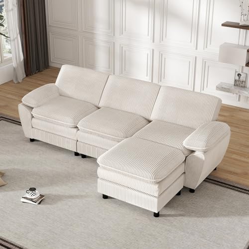 Modern Ecksofa Eckcouch Mit Abnehmbare Hocker, 3-Sitzer L-förmiges Sofa Couch mit Kissen und Armlehnen für Wohnzimme Wohnung Büro (Weiß) von HAINEW