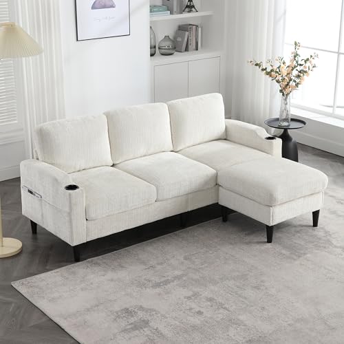 Modern Ecksofa Eckcouch Mit Stauraum und Hocker, 3-Sitzer L-förmiges Sofa Couch mit Getränkehalter und Seitentasche für Wohnzimme Wohnung Büro (Beige) von HAINEW