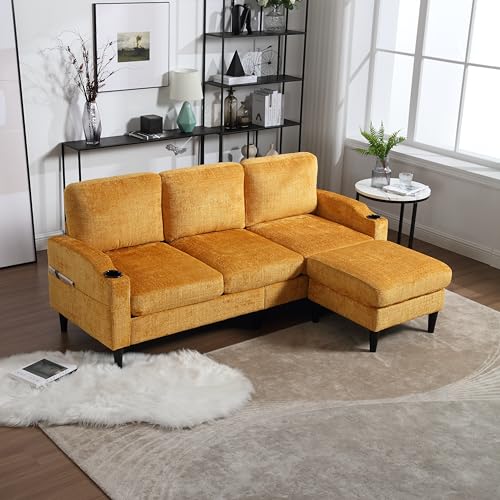 Modern Ecksofa Eckcouch Mit Stauraum und Hocker, 3-Sitzer L-förmiges Sofa Couch mit Getränkehalter und Seitentasche für Wohnzimme Wohnung Büro (Gelb) von HAINEW
