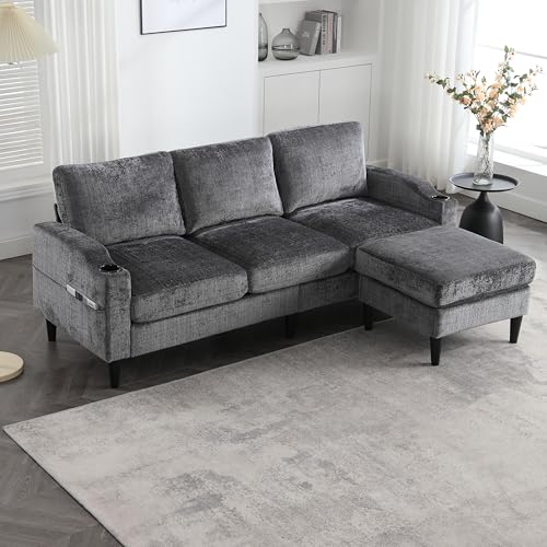 Modern Ecksofa Eckcouch Mit Stauraum und Hocker, 3-Sitzer L-förmiges Sofa Couch mit Getränkehalter und Seitentasche für Wohnzimme Wohnung Büro (Grau) von HAINEW
