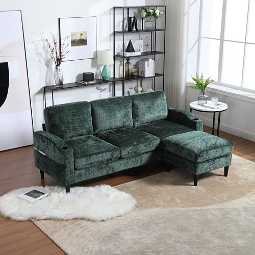 Modern Ecksofa Eckcouch Mit Stauraum und Hocker, 3-Sitzer L-förmiges Sofa Couch mit Getränkehalter und Seitentasche für Wohnzimme Wohnung Büro (Grün) von HAINEW