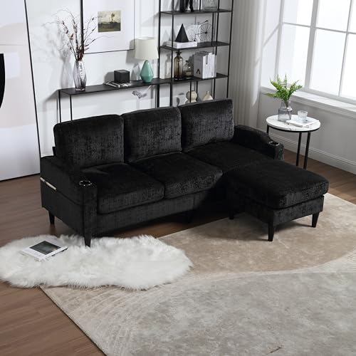 Modern Ecksofa Eckcouch Mit Stauraum und Hocker, 3-Sitzer L-förmiges Sofa Couch mit Getränkehalter und Seitentasche für Wohnzimme Wohnung Büro (Schwarz) von HAINEW