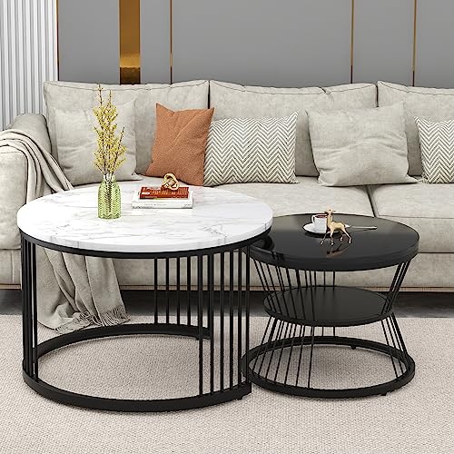 Moderne Rund Couchtisch 2er Set Rund Satztische Set Wohnzimmertisch Mit Metallgestell Und Marmor Furnier Beistelltisch Sofatisch Kaffeetisch Für Wohnzimmer (Schwarzer Rahmen + weiße Tischplatte) von HAINEW