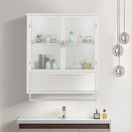 Moderner Hängeschrank Küchenschrank Wandschrank mit 2 Glastüren, Metal und Glas Badschrank Sideboard Hängend Medizinschrank mit Offener Stauraum und Handtuchhalter für Küche Bad, 60×23×78cm (Weiß) von HAINEW
