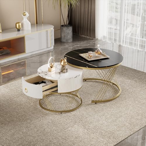 Moderner Rund Couchtisch 2er Set mit Schublade und PVC-Marmormuster Tischplatte, Satztisch 2er Set Wohnzimmertisch Beistelltisch mit Goldener Metallrahmen, Kaffeetisch, Sofatish (Schwarz+weiß Desktop) Moderner Rund Couchtisch 2er Set mit Schublade und PVC-Marmormuster Tischplatte, Satztisch 2er Set Wohnzimmertisch Beistelltisch mit Goldener Metallrahmen, Kaffeetisch, Sofatish (Schwarz+weiß Desktop) von HAINEW