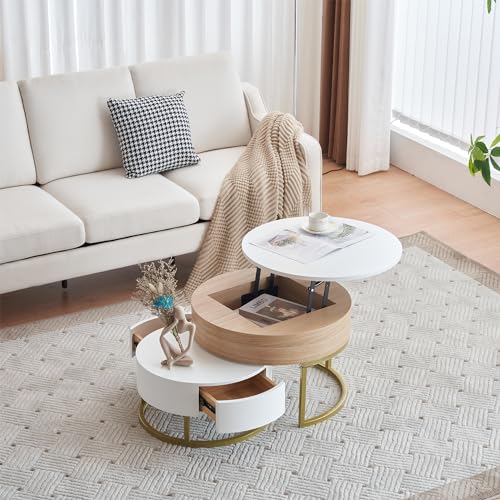 Moderner Runder Couchtisch 2er Set mit Hebeplatteb und Schublade, Höhenverstellbarer Beistelltisch Set Wohnzimmertisch mit Goldener Metallrahmen und Verstecktem Stauraum, Weiß Satztisch Kaffeetisch Moderner Runder Couchtisch 2er Set mit Hebeplatteb und Schublade, Höhenverstellbarer Beistelltisch Set Wohnzimmertisch mit Goldener Metallrahmen und Verstecktem Stauraum, Weiß Satztisch Kaffeetisch von HAINEW