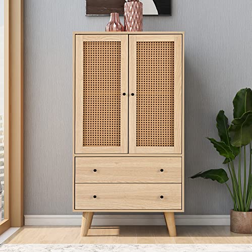 Rattan Design Sideboard Kommode Mit 2 Rattan Türen Und 2 Schubladen, Stehschrank Küchenschrank Aufbewahrungsschrank Buffet Mit Roßem Stauraum Für Küche Esszimmer Wohnzimmer, Holzfarbe, 60×40×120cm von HAINEW