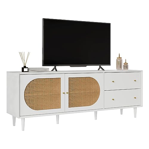 Rattan Design TV-Schrank TV Lowboard Mit 2 Schubladen Und 2 Rattan Türen, TV-Board Fernsehschrank Mit Echtholzfüßen Und Viel Stauraum, Weiß Fernsehtisch Für Tvs Bis Zu 80 Zoll, 180L × 40W × 65H cm von HAINEW