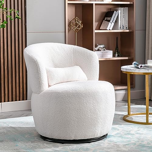 Relaxsessel Akzentstuhl Drehstuhl mit Lendenkissen und Drehbarem Metallfuß, Loungesessel Polsterstuhl für Schlafzimmer Wohnzimmer Schminktisch, Weißer Teddy Plüsch Stoff, Belastbarkeit bis 100 kg von HAINEW