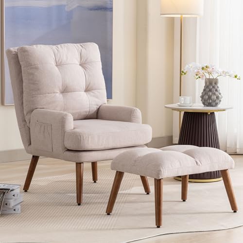 Relaxsessel Ohrensessel mit Hocker und Seitlicher Ablage, Fernsehsessel Polsterstuhl Sessel Akzent Stuhl Lesestuhl Lesesessel Armlehnensessel Cocktailsessel, Rückenlehne 10-stufig Verstellbar, Beige von HAINEW