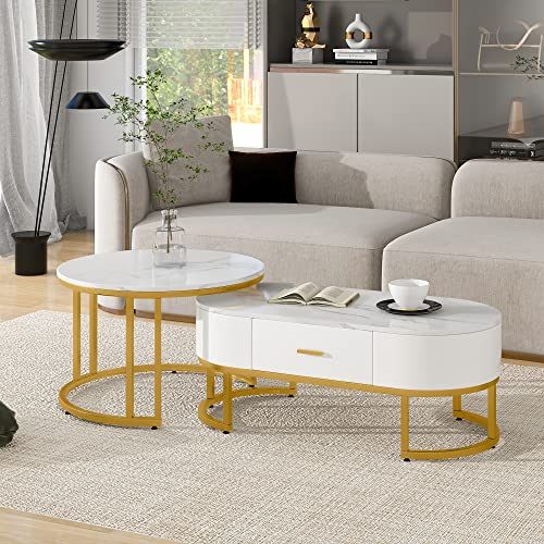 Runder Couchtisch 2er-Set, Beistelltisch-Set mit Schubladen, Sofatisch mit Schiefer-Marmor-Textur und Gold Metallrahmen, Moderne Satztische Wohnzimmertische für Schlafzimmer, Wohnzimmer, Dekoration von HAINEW