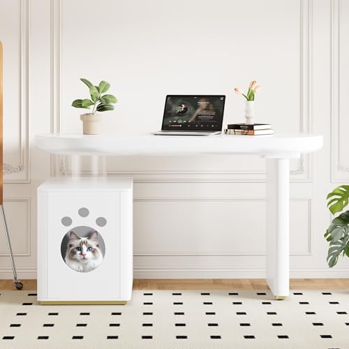 Schreibtisch Computertisch Bürotisch mit Haustierbett für Büro Arbeitszimmer Wohnzimmer Homeoffice, 117×50×76cm, Weiß, 5 cm Dicke Beine, Acryl-Ständer, Gewölbte Platte von HAINEW