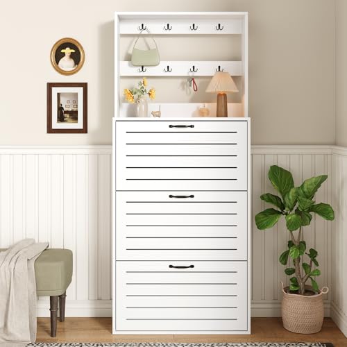 Schuhschrank Schuhkipper mit 3 Klappen und 8 Haken, Schuhregal Schuhaufbewahrung Schuhkommode für Flur, Schlafzimmer, Wohnzimmer, Weiß, 70×25×163cm Schuhschrank Schuhkipper mit 3 Klappen und 8 Haken, Schuhregal Schuhaufbewahrung Schuhkommode für Flur, Schlafzimmer, Wohnzimmer, Weiß, 70×25×163cm von HAINEW