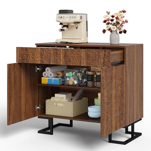 Sideboard Kommode mit 2 Blattrelief Türen und 2 Schubladen, Komodenschrank Buffetschrank Esszimmerschrank Aufbewahrungsschrank für Wohnzimmer Esszimmer, Walnuss, 80×40×78cm von HAINEW