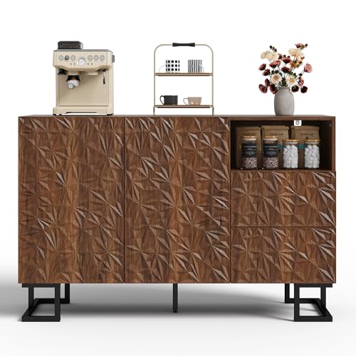 Sideboard Kommode mit 2 Türen und 2 Schubladen, Komodenschrank Buffetschrank Esszimmerschrank Aufbewahrungsschrank mit Blattrelief für Wohnzimmer Esszimmer, Walnuss, 120×40×78,5cm Sideboard Kommode mit 2 Türen und 2 Schubladen, Komodenschrank Buffetschrank Esszimmerschrank Aufbewahrungsschrank mit Blattrelief für Wohnzimmer Esszimmer, Walnuss, 120×40×78,5cm von HAINEW