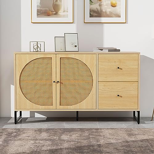 Sideboard Mit 2 Rattan Türen Und 2 Schubladen, Kommode Küchenschrank Aufbewahrungsschrank Mit Metallgriffe Und Metall Basis, Küchekommode Freistehender Schrank Buffetschrank Beistellschrank (Oak) von HAINEW