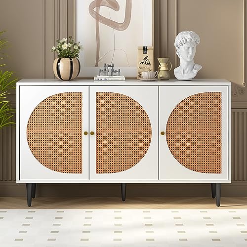 Sideboard Mit 3 Rattan Türen, Kommode Küchenschrank Aufbewahrungsschrank Mit Metallgriffe, Küchekommode Freistehender Schrank Buffetschrank Beistellschrank für Schlafzimmer, Wohnräume, Büro (Weiß) von HAINEW