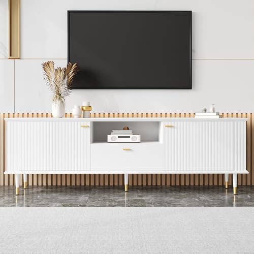 TV Schrank TV Lowboard mit 2 Türen und 1 Schublade, TV Tisch TV Ständer Fernsehtisch Fernsehschrank mit Offenen Fächern und Soft-Close-Scharniere für Wohnzimmer Schlafzimmer, 170×36×54,5cm (Weiß) von HAINEW