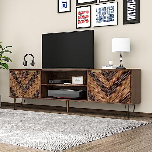 TV-Schrank mit Zwei Türen aus Massivholzfurnier und 2 Fächern, Moderner TV Lowboard mit Goldgriffe und Eisenfüße, Holz TV Fernsehschrank Für Wohnzimmer, Esszimmer, 160x38x48cm von HAINEW