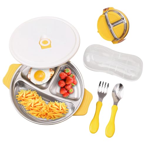 HAINLOGWANG Edelstahl Teller Baby, Kinderteller mit Saugnapf, Abendessen Tabletts mit Löffel und Gabel, Rutschfestes Babytablett mit Drei Fächern und Deckel für Gesunde Babymahlzeiten von HAINLOGWANG