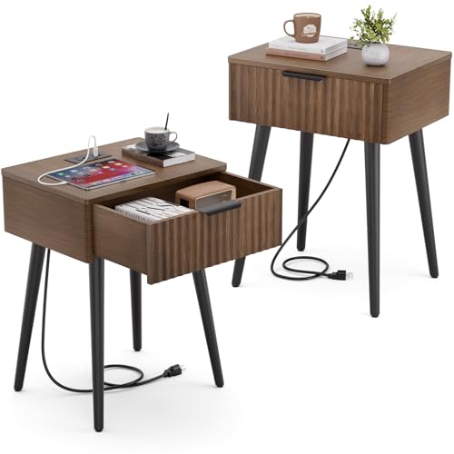 HAIOOU 2er Set Mid Century Nachttisch mit Ladestation, Beistelltisch, moderner Beistelltisch, eine Schublade mit hochwertigem, mattschwarzem Griff und Beinen aus Kiefernholz, für Zuhause, Schlafzimmer HAIOOU 2er Set Mid Century Nachttisch mit Ladestation, Beistelltisch, moderner Beistelltisch, eine Schublade mit hochwertigem, mattschwarzem Griff und Beinen aus Kiefernholz, für Zuhause, Schlafzimmer von HAIOOU