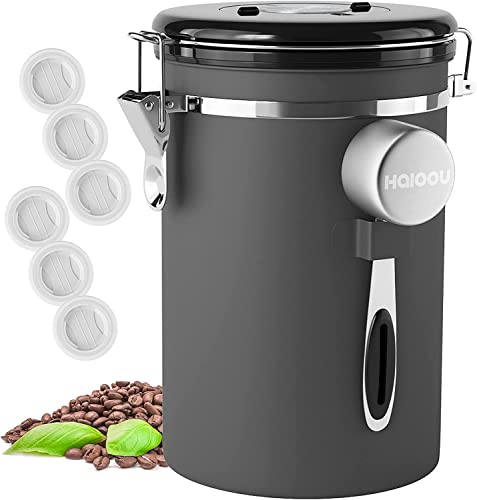 HAIOOU Luftdichter Kaffeebehälter, 625 ml, großer Edelstahl-Kaffeebohnen-Aufbewahrungsbehälter mit Datumstracker, Messschaufel, CO2-Ablassventile und Mini-Zange für Bohnen, Boden und mehr – Grau von HAIOOU