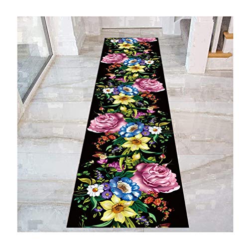 HAIPENG Sanft Läufer Teppich Flur Teppichläufer, Blumen Insgesamt Eingang Matte Teppiche Mit Nicht rutschfest Sichern Zum Wohnzimmer Küche Türen, Schwarz (Color : Multi-Colored, Size : 120x300cm) von HAIPENG-Läufer