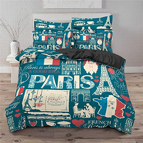 Bettwäsche 135x200 Blaues Paris Weich Mikrofaser Bettbezug Set Für Jungen Mädchen Einzelbett, Bettbezüge mit Reißverschluss und 1 Kissenbezug 80x80 cm von HAISHO