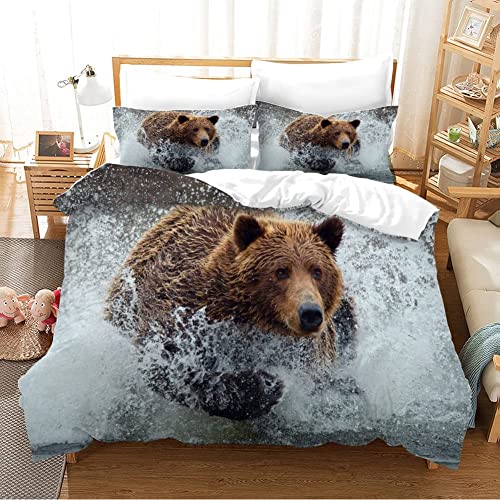 Bettwäsche 135x200 Grauer brauner Bär Weich Mikrofaser Bettbezug Set Für Jungen Mädchen Einzelbett, Bettbezüge mit Reißverschluss und 1 Kissenbezug 80x80 cm von HAISHO