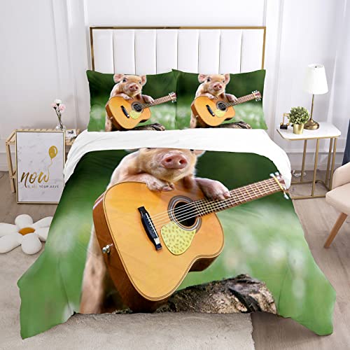 Bettwäsche 135x200 cm Schwein Gitarre Weich Mikrofaser Bettbezug Set Für Jungen Mädchen Einzelbett, Hypoallergen Bettbezüge mit Reißverschluss und 1 Kissenbezug 80x80 cm von HAISHO
