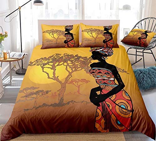 Bettwäsche 220x240 gelbe afrikanische Frau 3 Teilig Wendemotiv Bettbezüge Bettwäsche-Sets Für Doppelbett, Hypoallergen Mikrofaser Bettbezug mit Reißverschluss und 2 Kissenbezug 80x80 von HAISHO