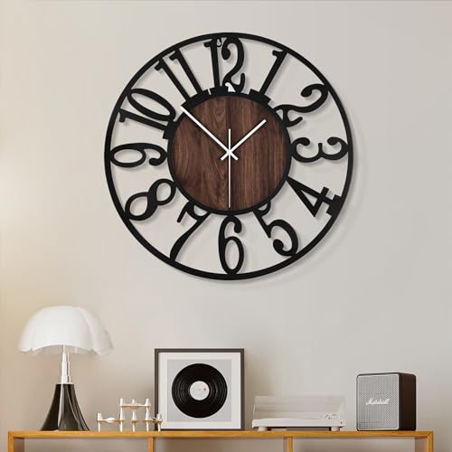 HAITANG 40cm Große Schwarz Wanduhr, Wohnzimmeruhr, Dekoration Vintage-Stil geräuschlose Nicht tickende Metall Holz wanduhr für Bauernhaus, Esszimmer, Schlafzimmer, Küche, Zuhause Wanddekoration von HAITANG