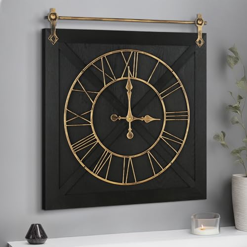 HAITANG Große, geräuschlose, Nicht tickende Holz-Wanduhr, batteriebetrieben, Vintage-Stil, rustikale römische Ziffern, Uhren Wanduhren für Wohnzimmer, Schlafzimmer, Küche Dekoration (Schwarz,Gold) von HAITANG