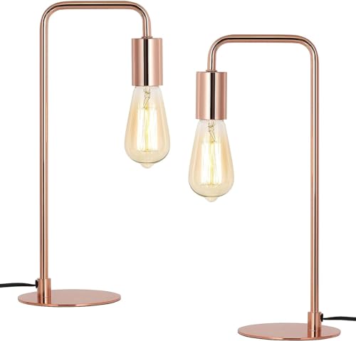 HAITRAL Nachttischlampen 2er Set, Retro Industrielle Tischlampe, Metallrahmen und Kreisförmigbasis, E27 Tischleuchte Schreibtischlampe für Schlafzimmer, Wohnzimmer, Schlafsaal, Roségold von HAITRAL