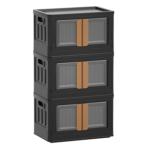 HAIXIN Aufbewahrungsbox mit Deckel, 32L Boxen Aufbewahrung Ordnungsboxen Storage boxes Kisten, Kunststoffbox Plastikbox Stapelkisten Lagerboxen mit Rädern durchsichtig groß 3 Stück Schwarz von HAIXIN