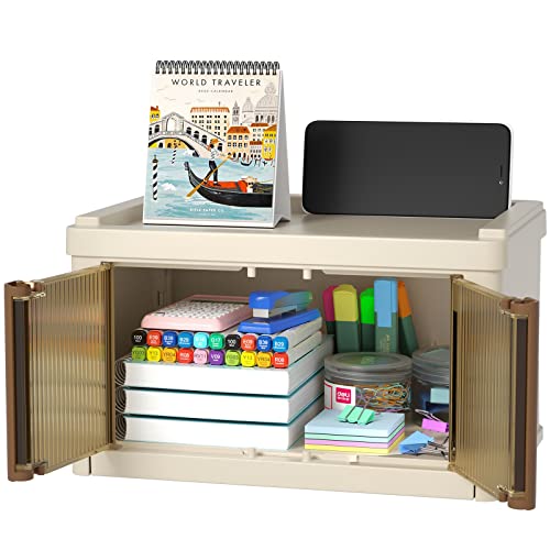 HAIXIN Aufbewahrungsbox mit deckel, 2.7L organizer Box Ordnungsboxen faltbar, Boxen Aufbewahrung Schreibtisch Organisation, Kunststoffbox Plastikbox stapelbar klein 1 Stück brauner Griff von HAIXIN