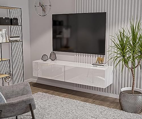 HAJDUK FURNITURE 180 cm Weiß-Hochglanz TV Lowboard TV Board Hängend Hängeschrank Wohnwand TV Möbel Fernsehschrank Fernsehtisch Sideboard HiFi 180x35x40 cm Holzwerkstoff von HAJDUK FURNITURE