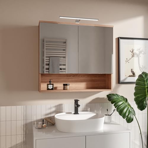 HAJDUK FURNITURE Eiche Sonoma 80x65 cm Spiegelschrank Bad mit LED Beleuchtung IP44 4000K Bad Spiegelschrank mit 2 Türen und Ablage Grifflose Öffnung Hängeschrank von HAJDUK FURNITURE
