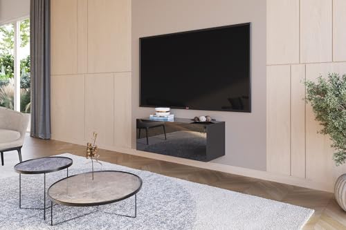 HAJDUK FURNITURE Lowboard Hängend Hochglanz Schwarz 90 cm TV Unterschrank Push to Open Griffloses Fernsehtisch für Fernseher bis 40 Zoll Wohnzimmer 90x35x40 cm Wohnwand Modern von HAJDUK FURNITURE