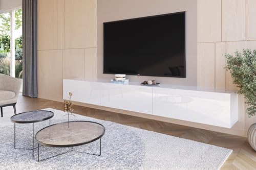 HAJDUK FURNITURE Lowboard Hängend Hochglanz Weiß 270 cm TV Unterschrank Push to Open Griffloses Fernsehtisch für Fernseher bis 85 Zoll Wohnzimmer 270x35x40 cm Wohnwand Modern von HAJDUK FURNITURE