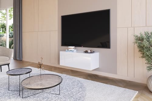 HAJDUK FURNITURE Lowboard Hängend Hochglanz Weiß 90 cm TV Unterschrank Push to Open Griffloses Fernsehtisch für Fernseher bis 40 Zoll Wohnzimmer 90x35x40 cm Wohnwand Modern von HAJDUK FURNITURE