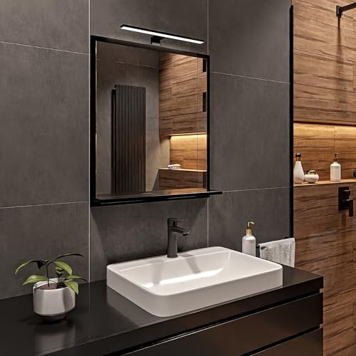 HAJDUK FURNITURE Schwarz Badspiegel mit Beleuchtung 4000 K IP44 H:70 x B: 60 cm - Bathroom Mirror - Moderner Badezimmer Spiegel Rechteckig mit Ablage und Schwarz LED - Wandspiegel mit Regal von HAJDUK FURNITURE