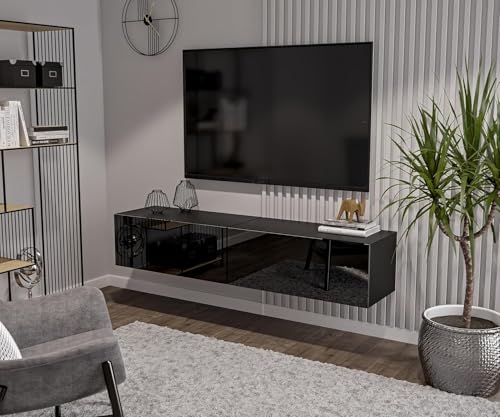 HAJDUK FURNITURE Schwarz TV Lowboard 180 cm (2x90 cm) Wohnwand Fernsehtisch Hochglanz Front MDF Fernsehschrank Kabelöffnung Push-to-Open von HAJDUK FURNITURE