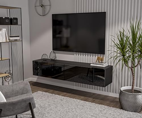 HAJDUK FURNITURE Schwarz TV Lowboard 180 cm Hängeschrank für Wohnwand Fernsehtisch Hochglanz Front MDF Fernsehschrank Kabelöffnung Push-to-Open von HAJDUK FURNITURE