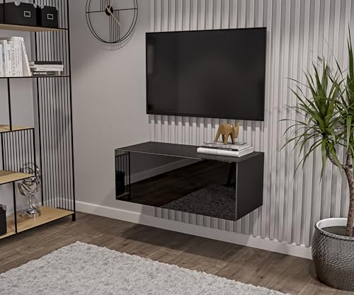 HAJDUK FURNITURE Schwarz TV Lowboard 90 cm Hängeschrank für Wohnwand Fernsehtisch Hochglanz Front MDF Fernsehschrank Kabelöffnung Push-to-Open von HAJDUK FURNITURE