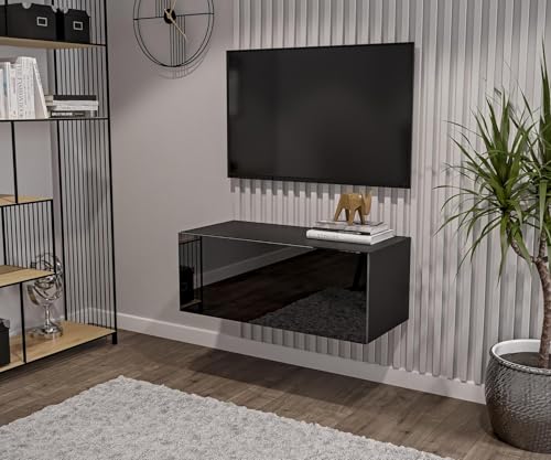 HAJDUK FURNITURE Schwarz TV Lowboard 90 cm Wohnwand Fernsehtisch Hochglanz Front MDF Fernsehschrank Kabelöffnung Push-to-Open von HAJDUK FURNITURE