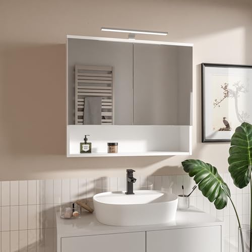 HAJDUK FURNITURE Weiß 80x65 cm Spiegelschrank Bad mit LED Beleuchtung IP44 4000K Bad Spiegelschrank mit 2 Türen und Ablage Grifflose Öffnung Hängeschrank von HAJDUK FURNITURE